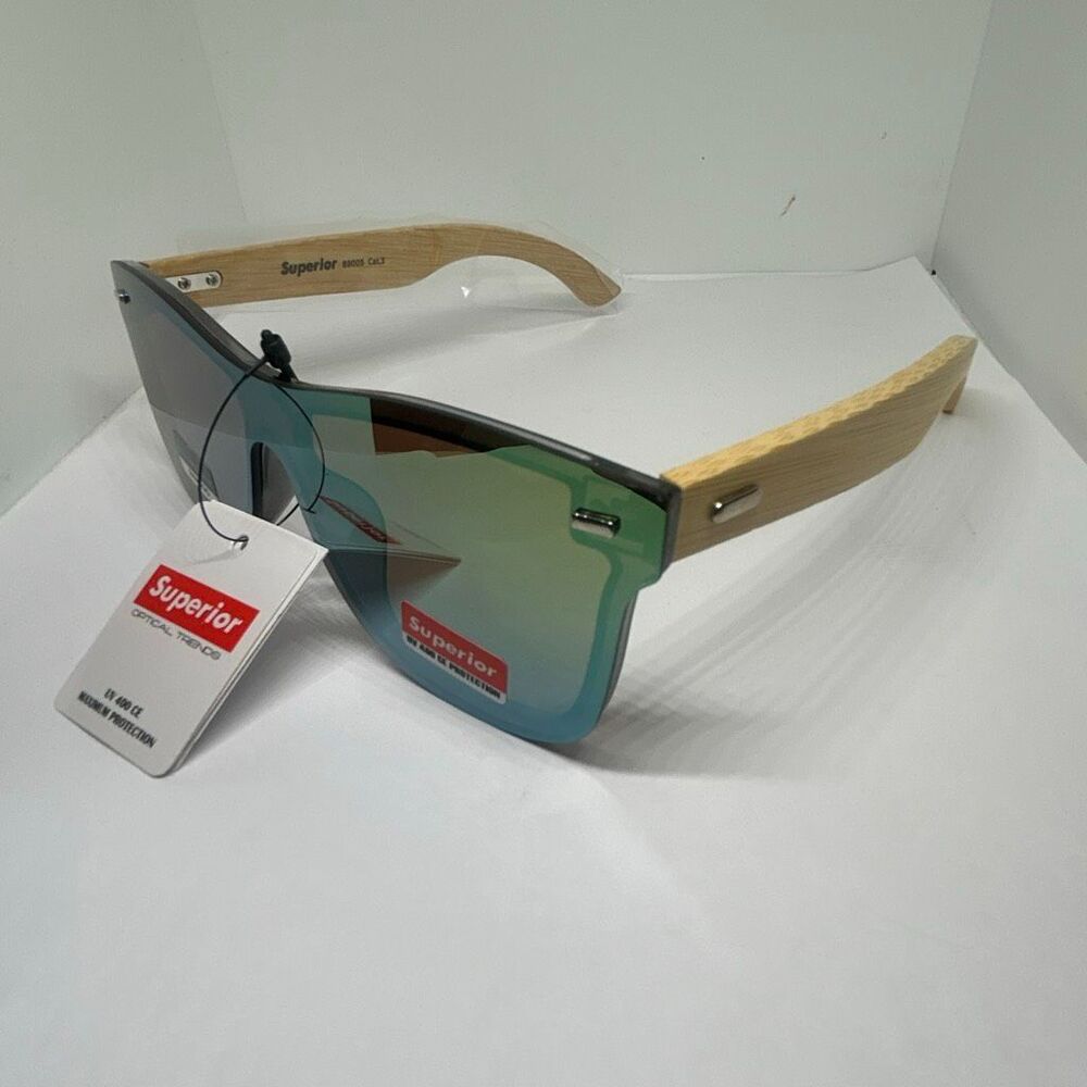Superior Bamboo Mirrored  UV400 Rimless Shield Sunglasses Eco-Friendly Wooden Ar